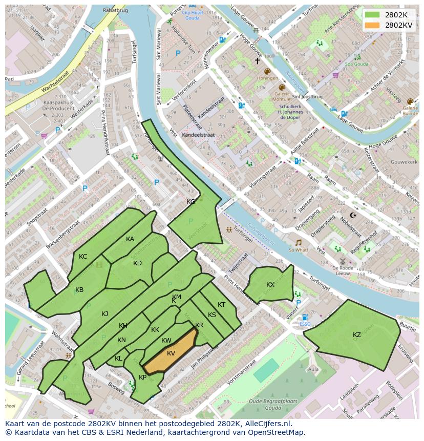 Afbeelding van het postcodegebied 2802 KV op de kaart.
