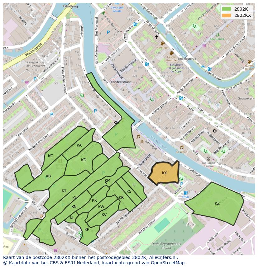 Afbeelding van het postcodegebied 2802 KX op de kaart.