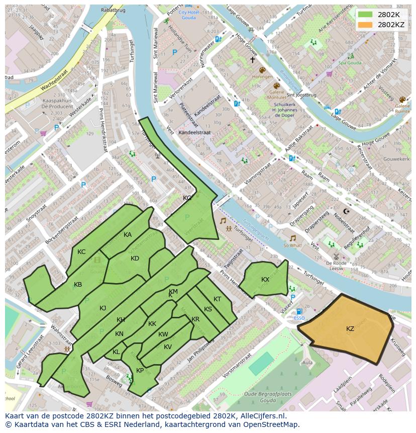 Afbeelding van het postcodegebied 2802 KZ op de kaart.