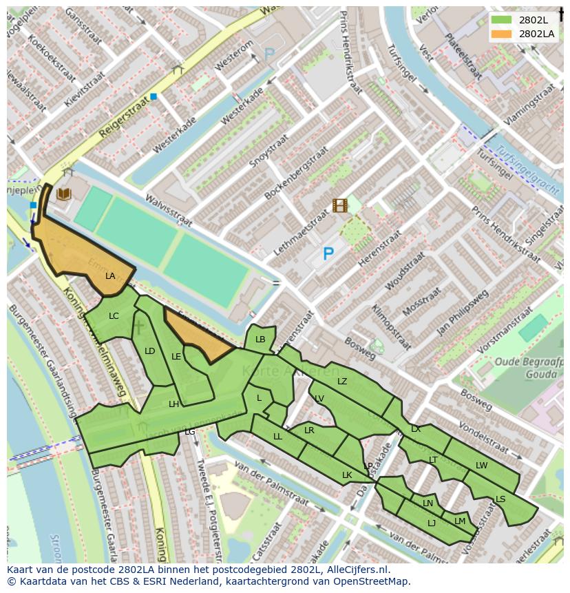 Afbeelding van het postcodegebied 2802 LA op de kaart.