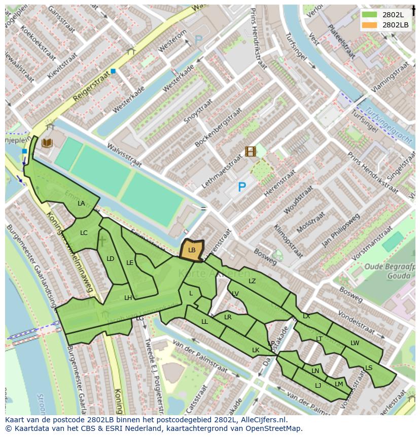 Afbeelding van het postcodegebied 2802 LB op de kaart.