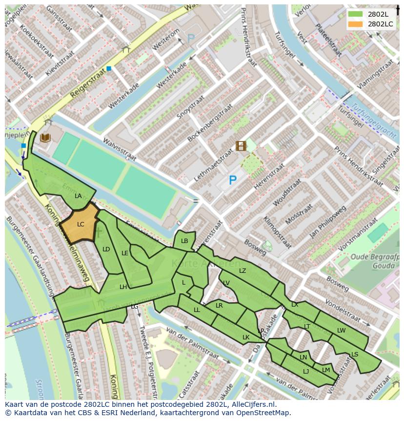 Afbeelding van het postcodegebied 2802 LC op de kaart.