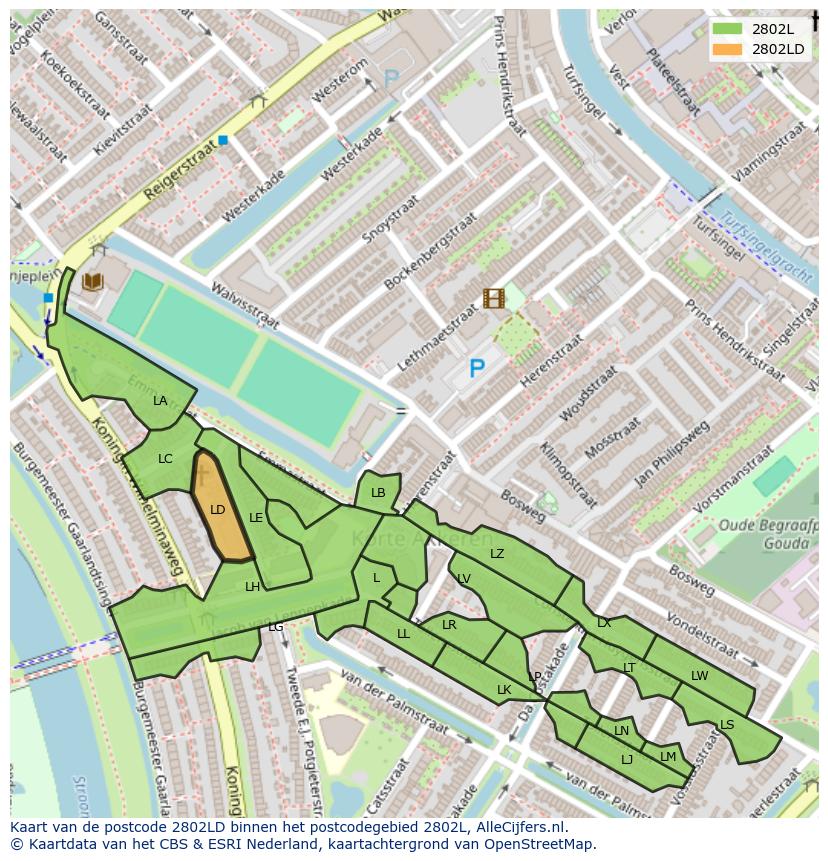 Afbeelding van het postcodegebied 2802 LD op de kaart.