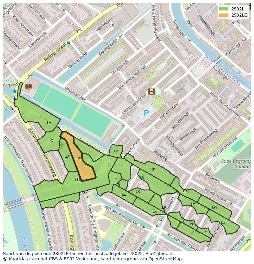 Afbeelding van het postcodegebied 2802 LE op de kaart.
