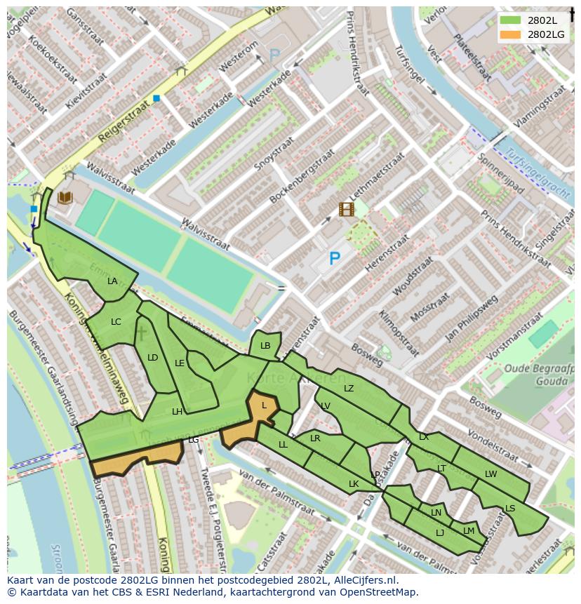 Afbeelding van het postcodegebied 2802 LG op de kaart.
