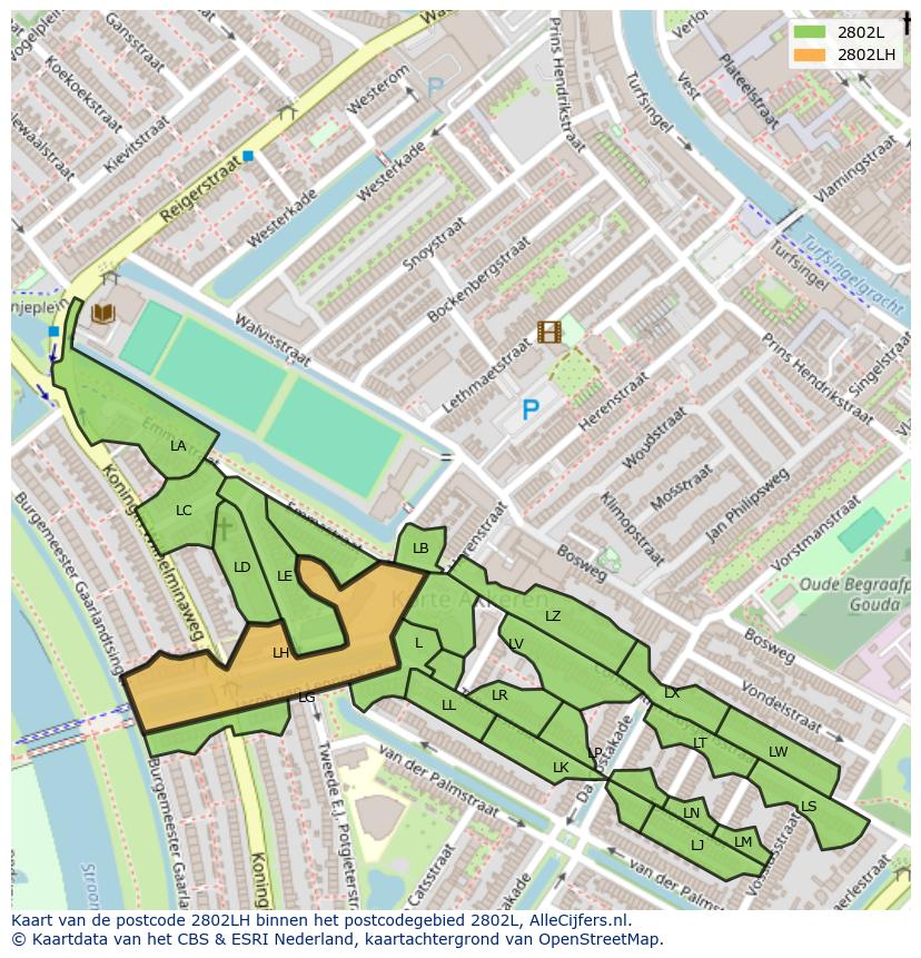 Afbeelding van het postcodegebied 2802 LH op de kaart.