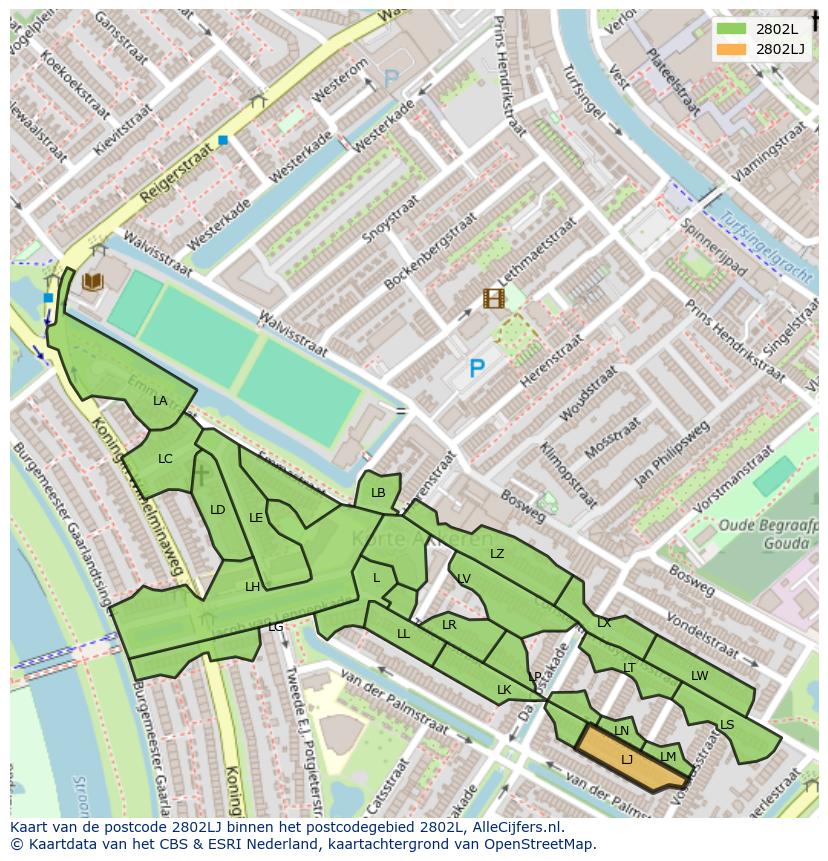 Afbeelding van het postcodegebied 2802 LJ op de kaart.