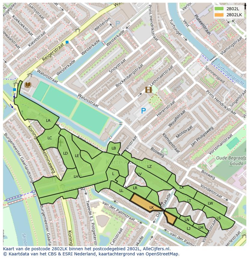 Afbeelding van het postcodegebied 2802 LK op de kaart.