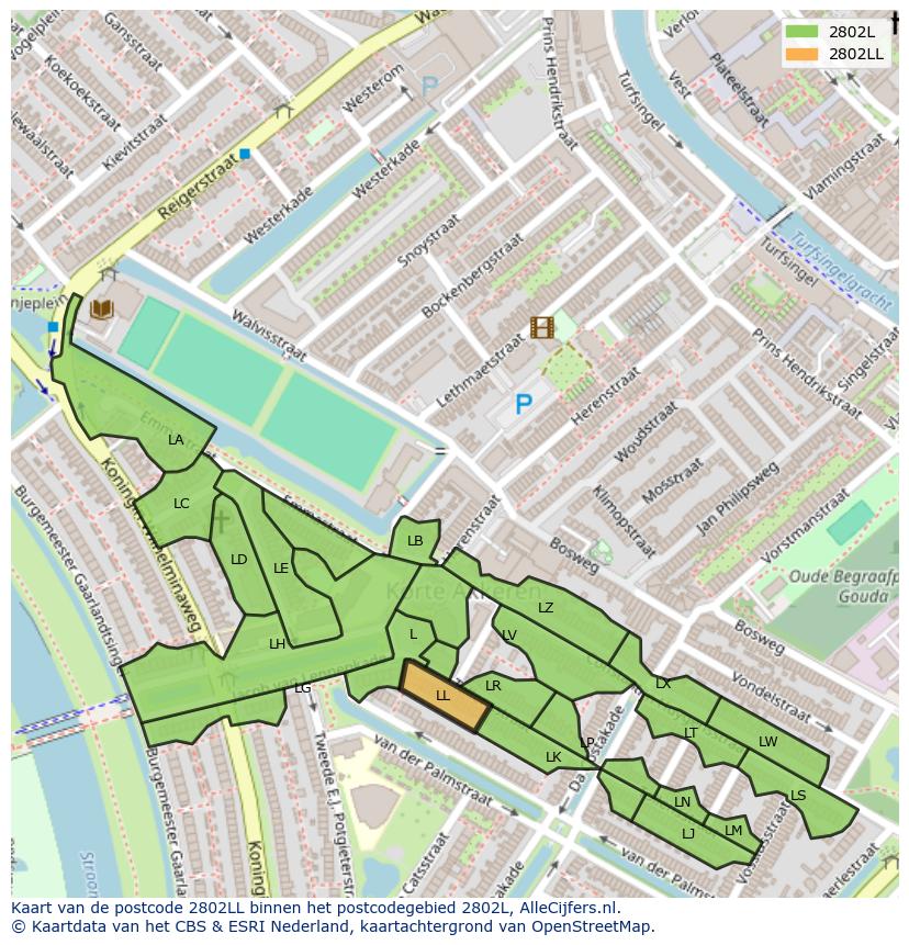 Afbeelding van het postcodegebied 2802 LL op de kaart.