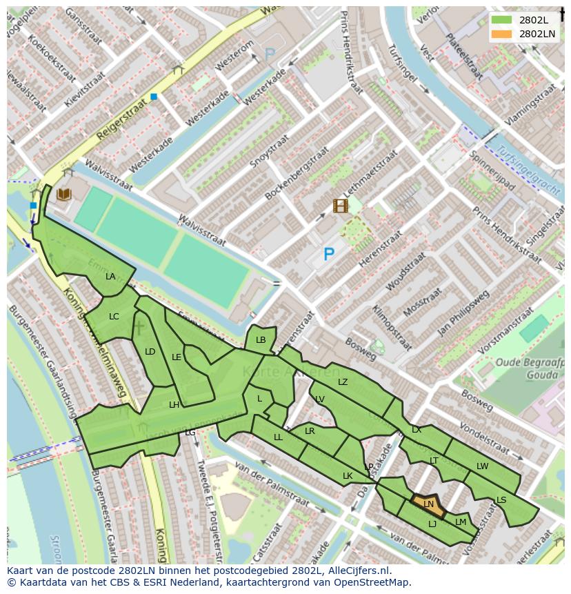 Afbeelding van het postcodegebied 2802 LN op de kaart.