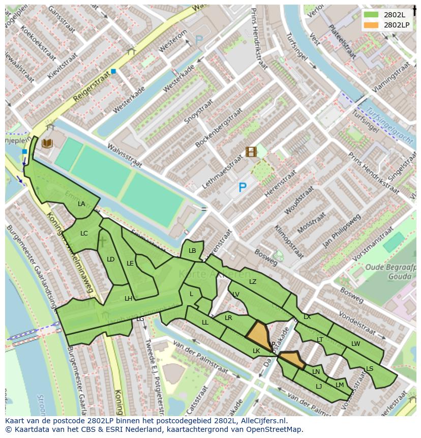 Afbeelding van het postcodegebied 2802 LP op de kaart.