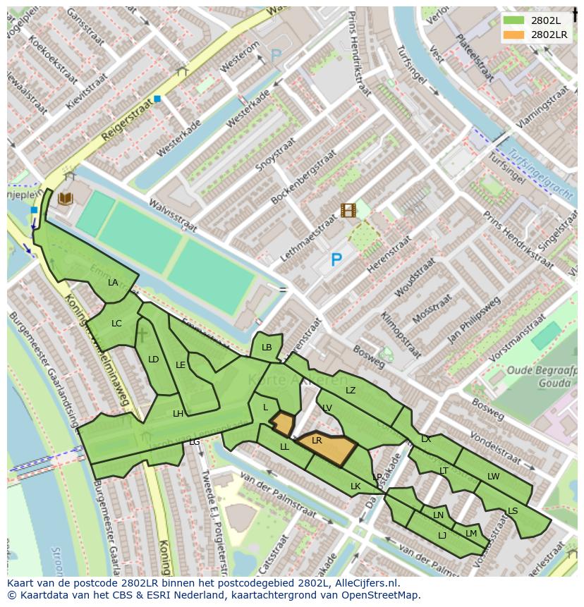 Afbeelding van het postcodegebied 2802 LR op de kaart.