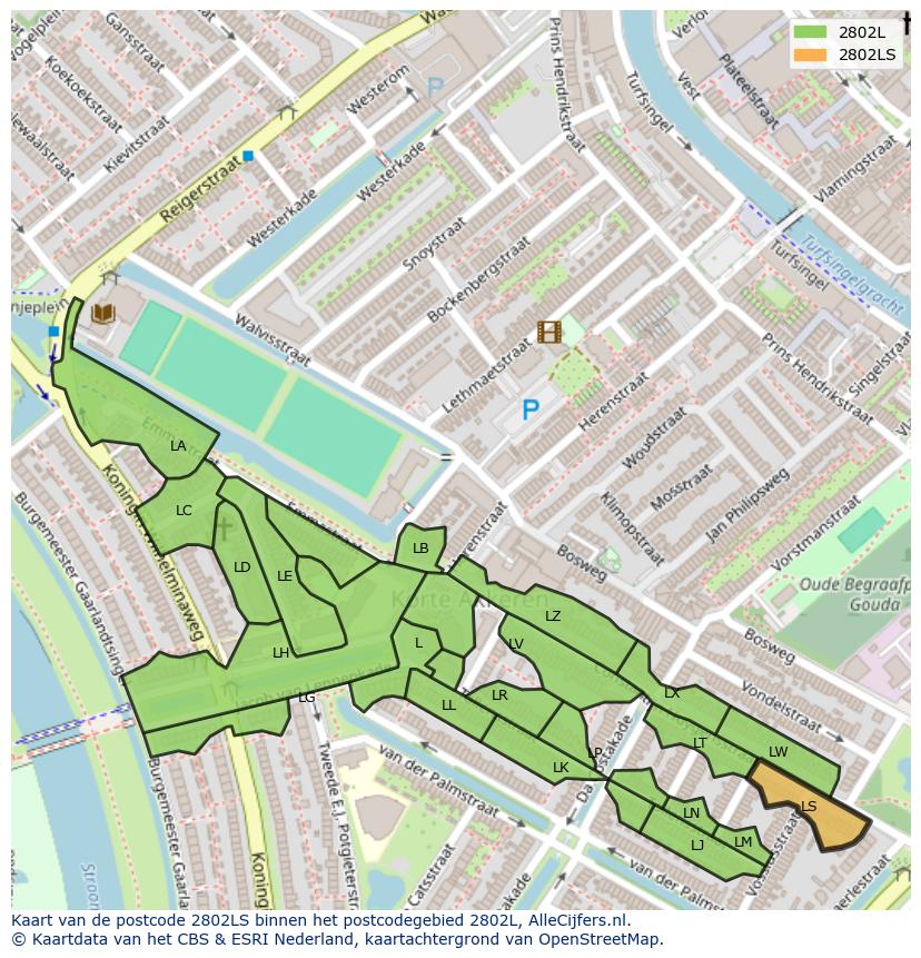 Afbeelding van het postcodegebied 2802 LS op de kaart.