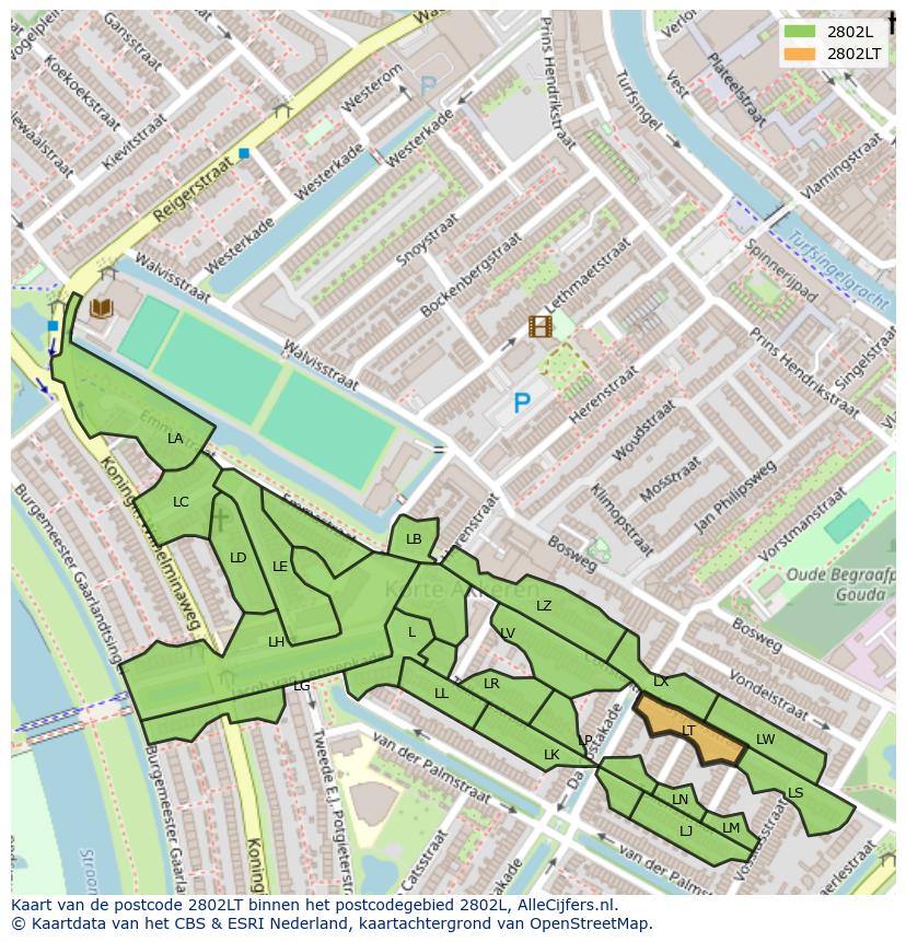 Afbeelding van het postcodegebied 2802 LT op de kaart.