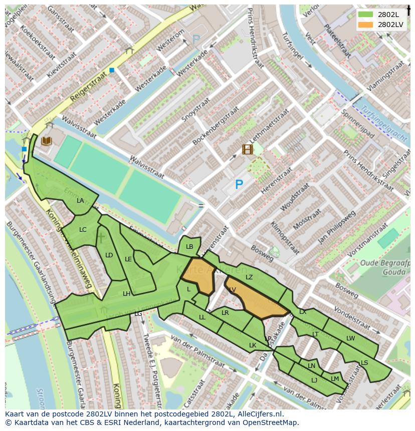 Afbeelding van het postcodegebied 2802 LV op de kaart.
