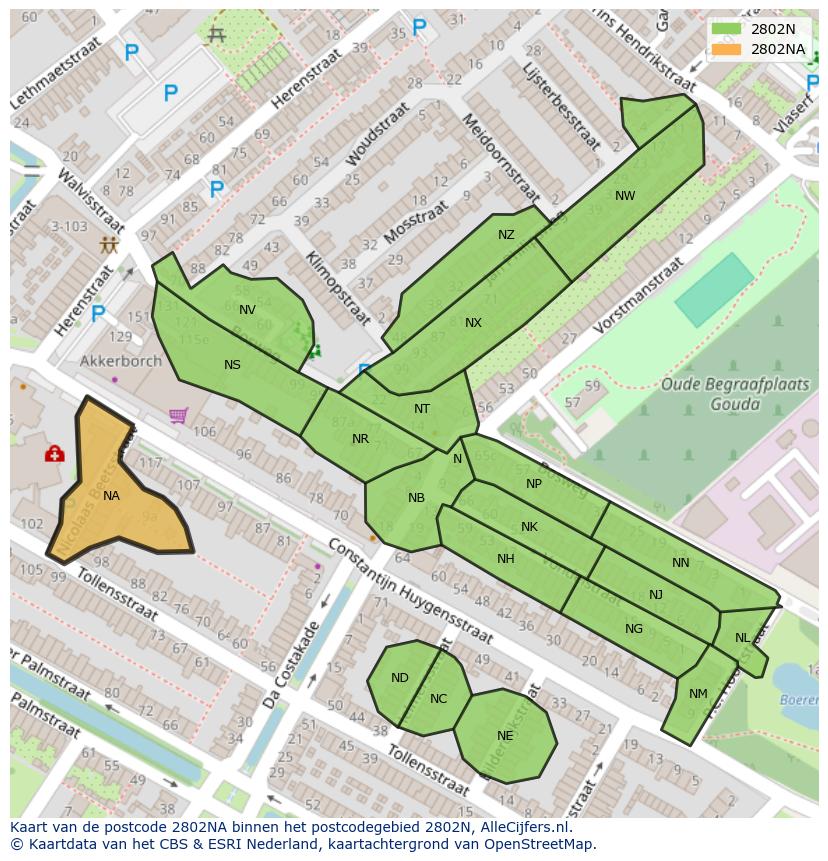 Afbeelding van het postcodegebied 2802 NA op de kaart.