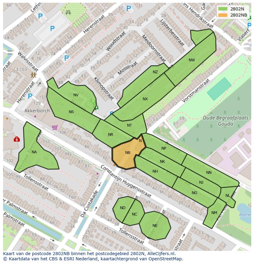 Afbeelding van het postcodegebied 2802 NB op de kaart.