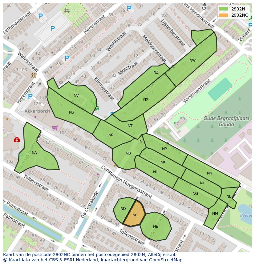 Afbeelding van het postcodegebied 2802 NC op de kaart.
