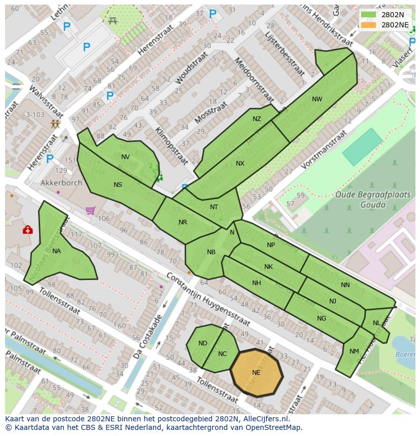 Afbeelding van het postcodegebied 2802 NE op de kaart.