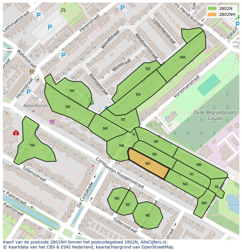 Afbeelding van het postcodegebied 2802 NH op de kaart.