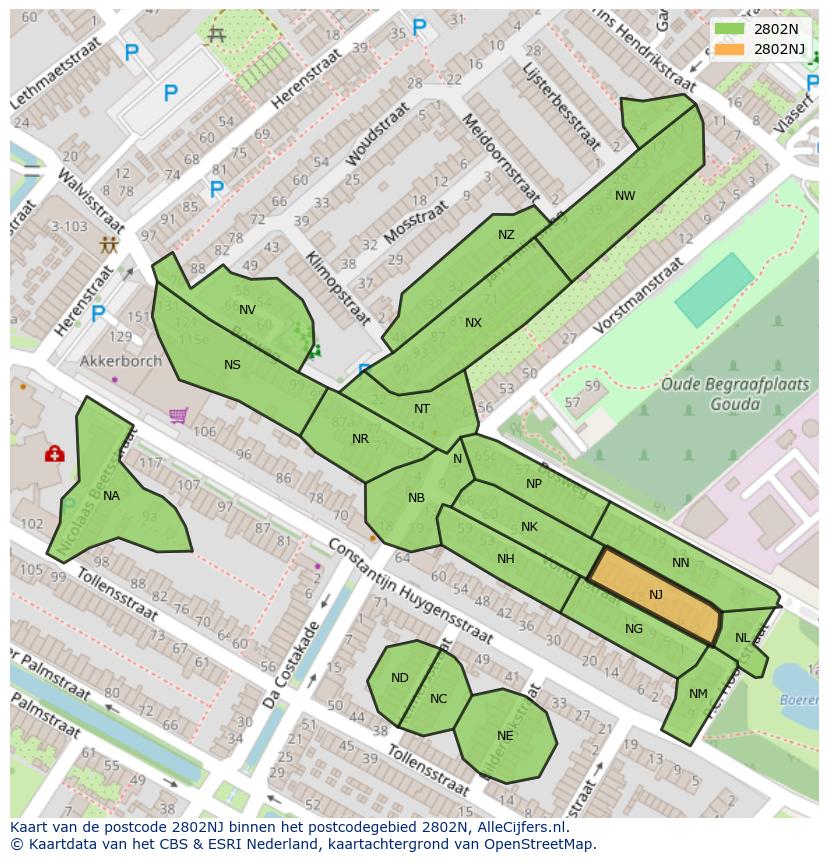 Afbeelding van het postcodegebied 2802 NJ op de kaart.