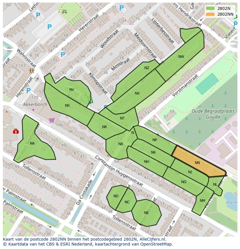 Afbeelding van het postcodegebied 2802 NN op de kaart.