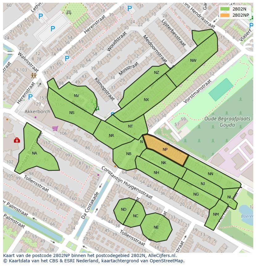Afbeelding van het postcodegebied 2802 NP op de kaart.
