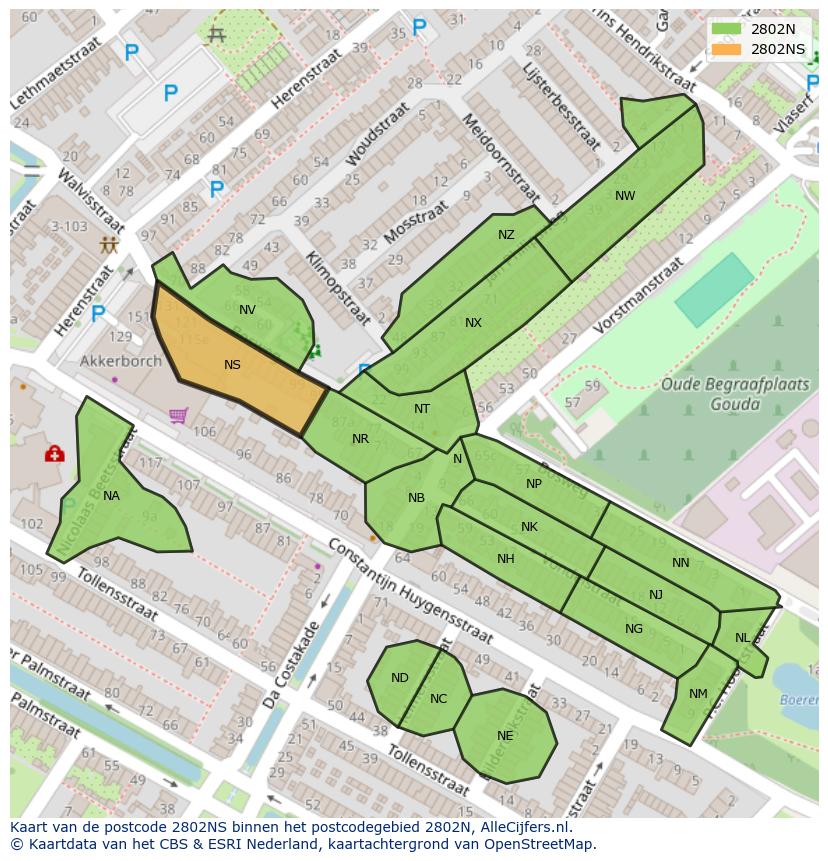 Afbeelding van het postcodegebied 2802 NS op de kaart.