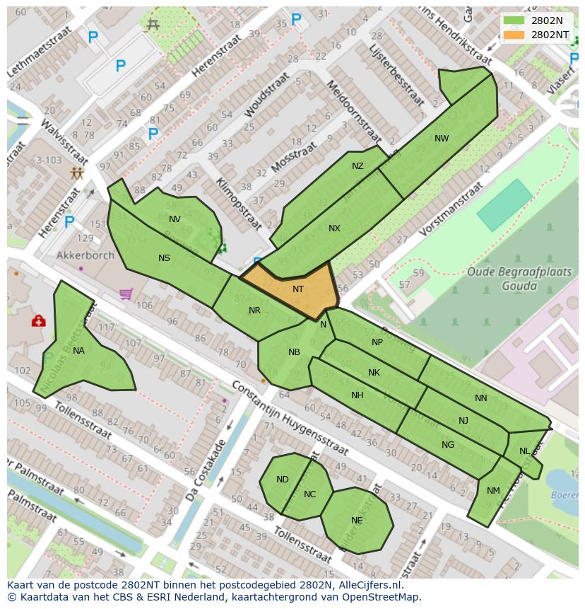 Afbeelding van het postcodegebied 2802 NT op de kaart.