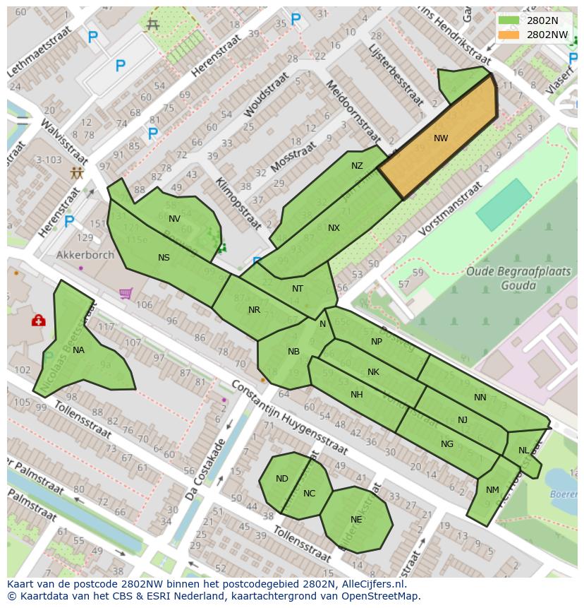 Afbeelding van het postcodegebied 2802 NW op de kaart.