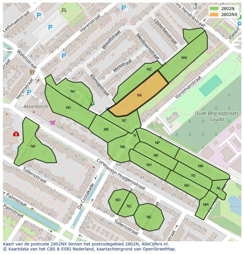 Afbeelding van het postcodegebied 2802 NX op de kaart.
