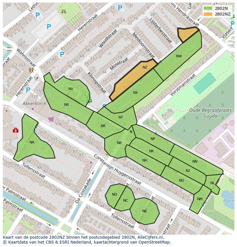 Afbeelding van het postcodegebied 2802 NZ op de kaart.