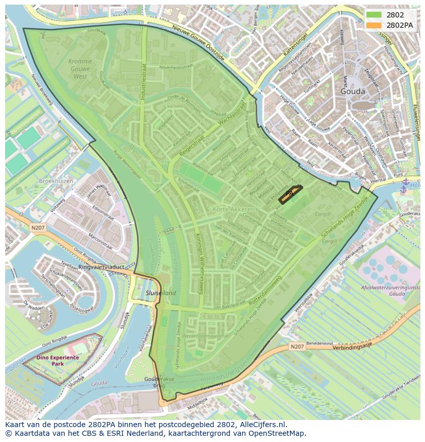 Afbeelding van het postcodegebied 2802 PA op de kaart.
