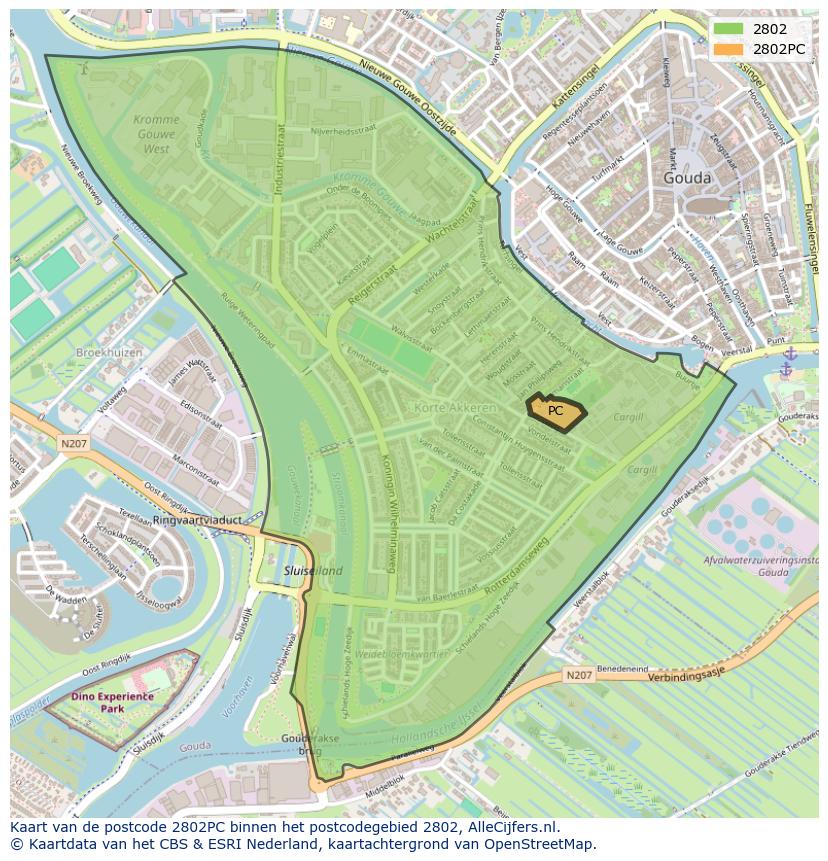 Afbeelding van het postcodegebied 2802 PC op de kaart.