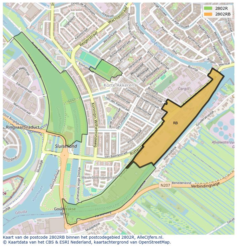 Afbeelding van het postcodegebied 2802 RB op de kaart.