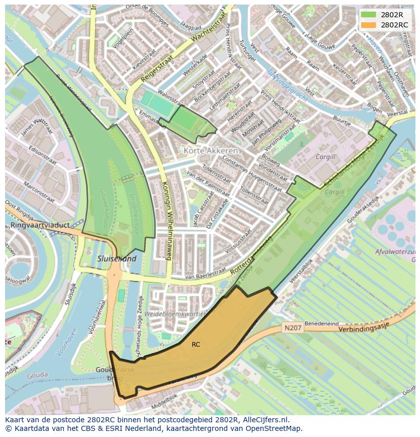 Afbeelding van het postcodegebied 2802 RC op de kaart.