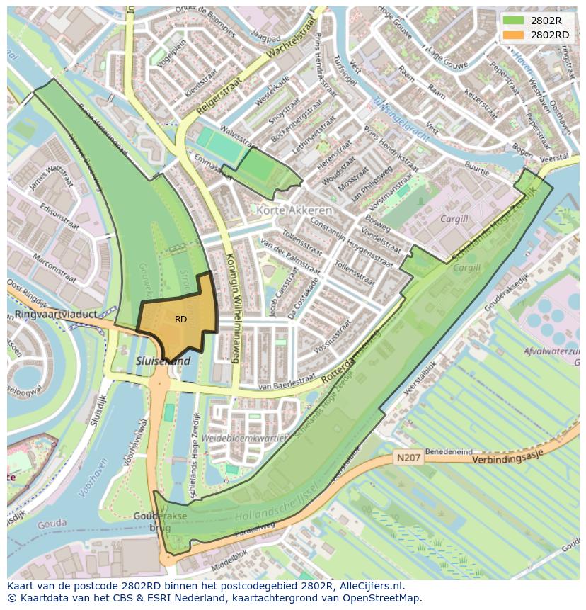 Afbeelding van het postcodegebied 2802 RD op de kaart.