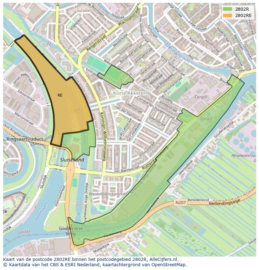 Afbeelding van het postcodegebied 2802 RE op de kaart.
