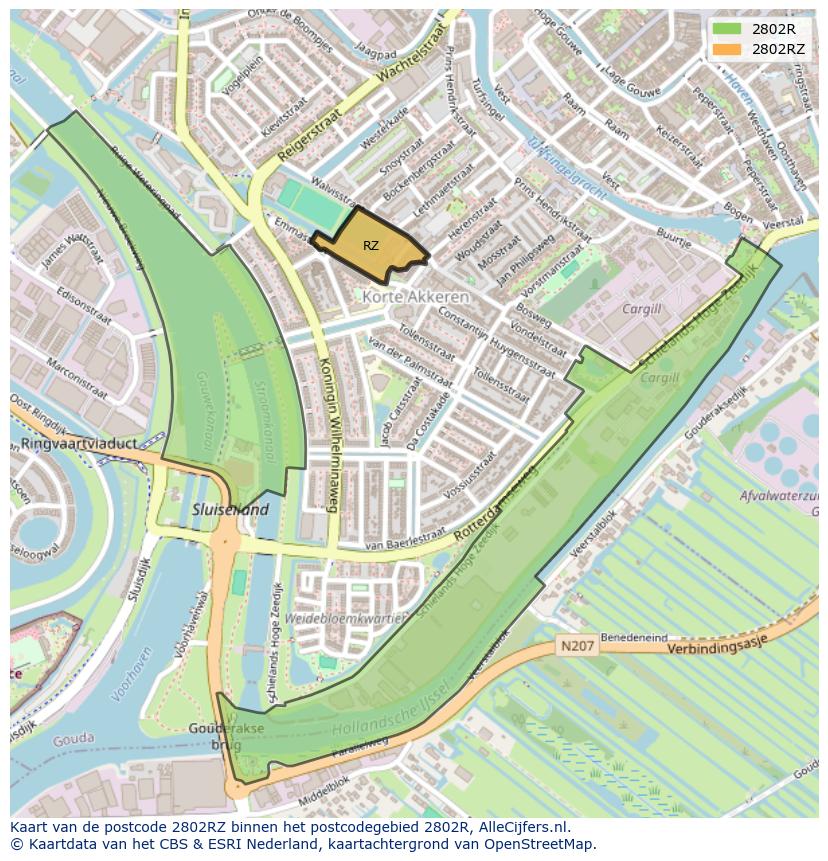 Afbeelding van het postcodegebied 2802 RZ op de kaart.