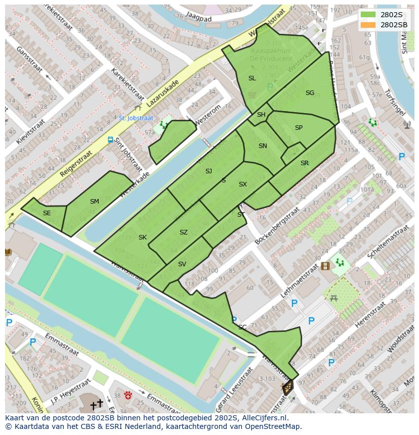 Afbeelding van het postcodegebied 2802 SB op de kaart.