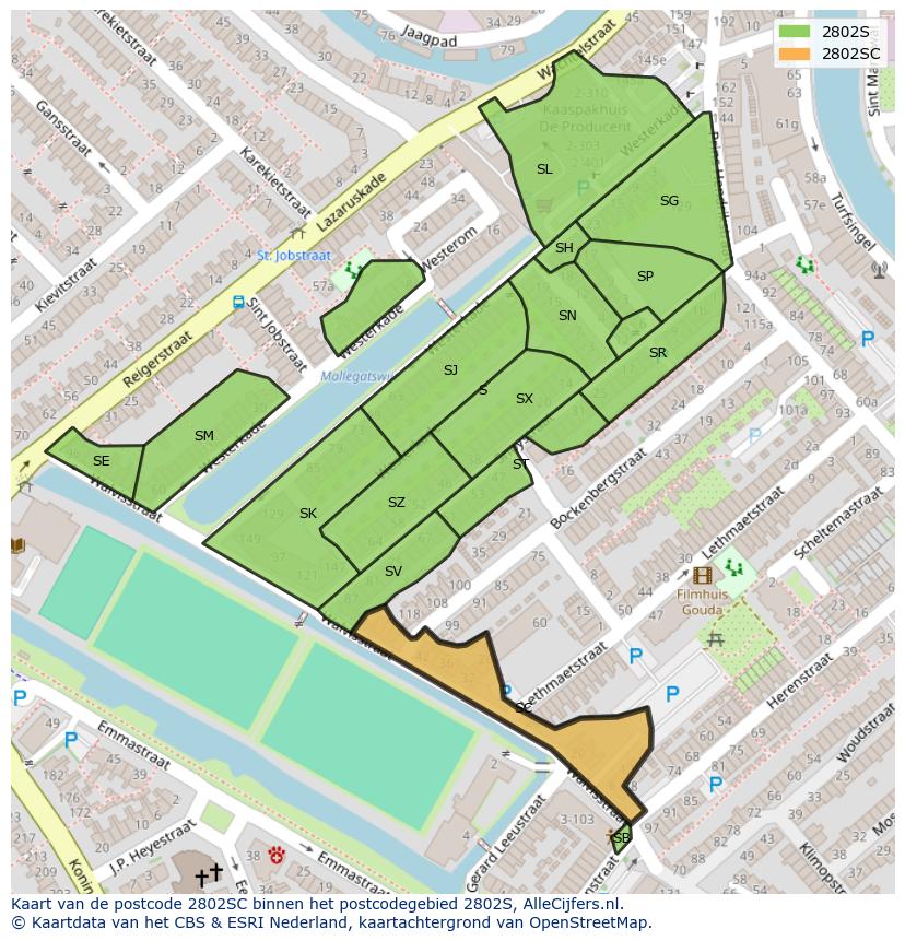 Afbeelding van het postcodegebied 2802 SC op de kaart.