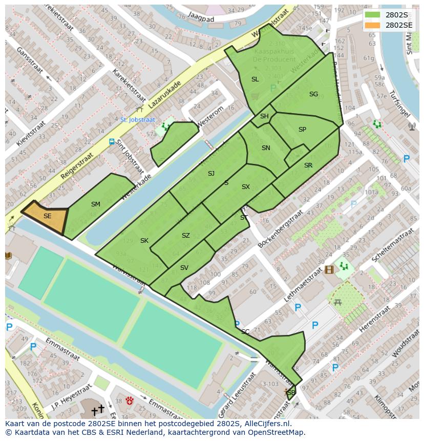 Afbeelding van het postcodegebied 2802 SE op de kaart.