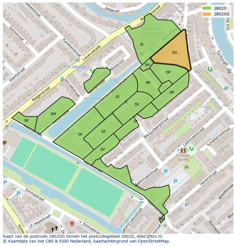 Afbeelding van het postcodegebied 2802 SG op de kaart.