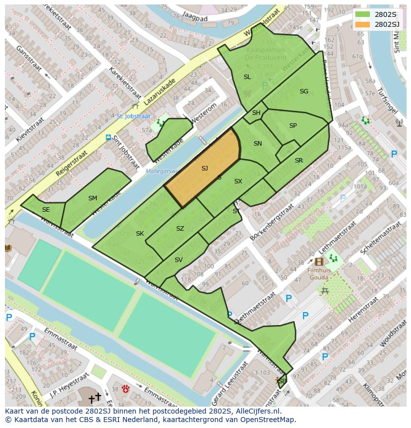 Afbeelding van het postcodegebied 2802 SJ op de kaart.