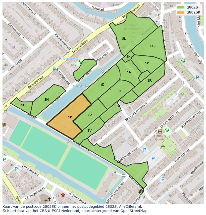 Afbeelding van het postcodegebied 2802 SK op de kaart.