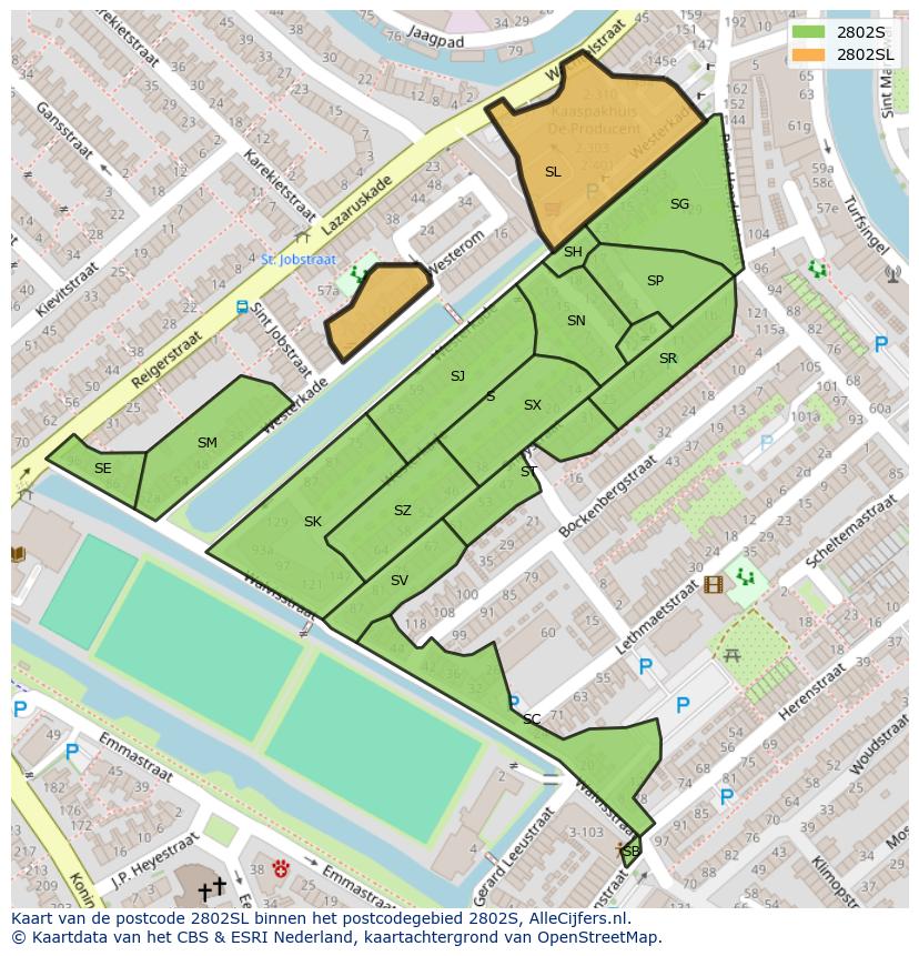 Afbeelding van het postcodegebied 2802 SL op de kaart.