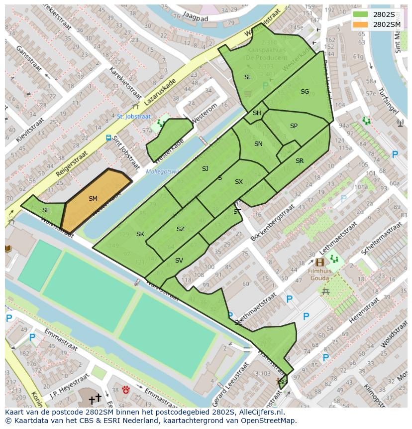 Afbeelding van het postcodegebied 2802 SM op de kaart.