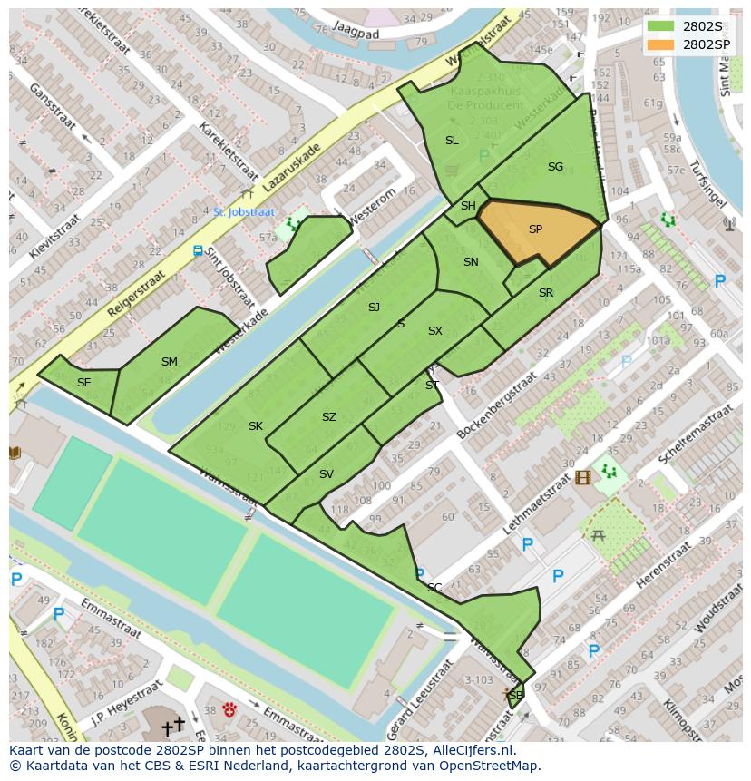Afbeelding van het postcodegebied 2802 SP op de kaart.