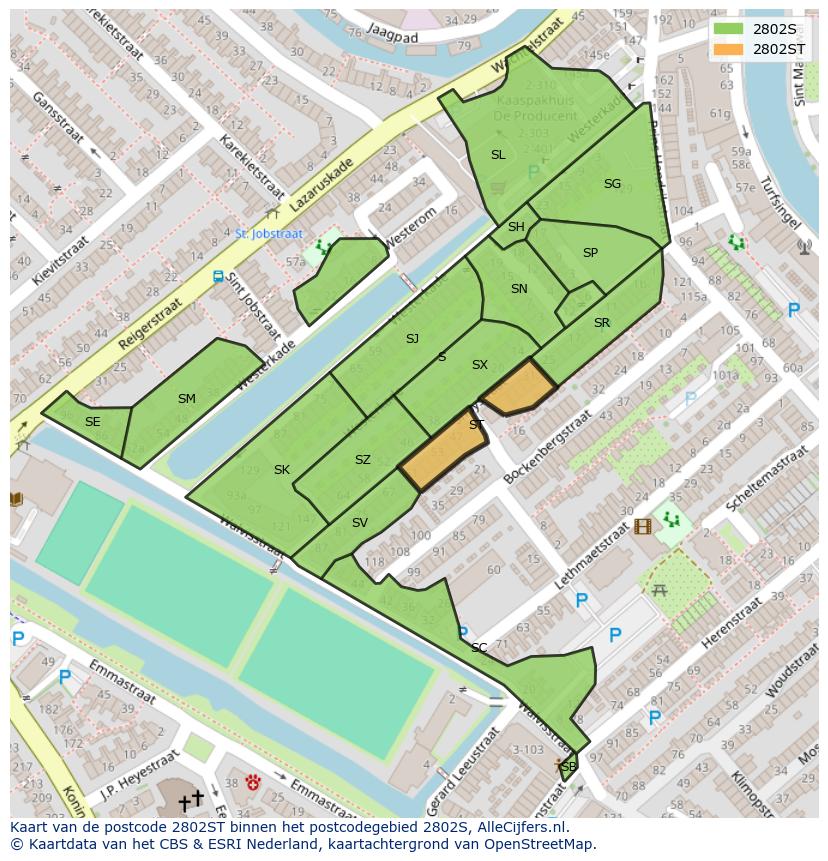 Afbeelding van het postcodegebied 2802 ST op de kaart.
