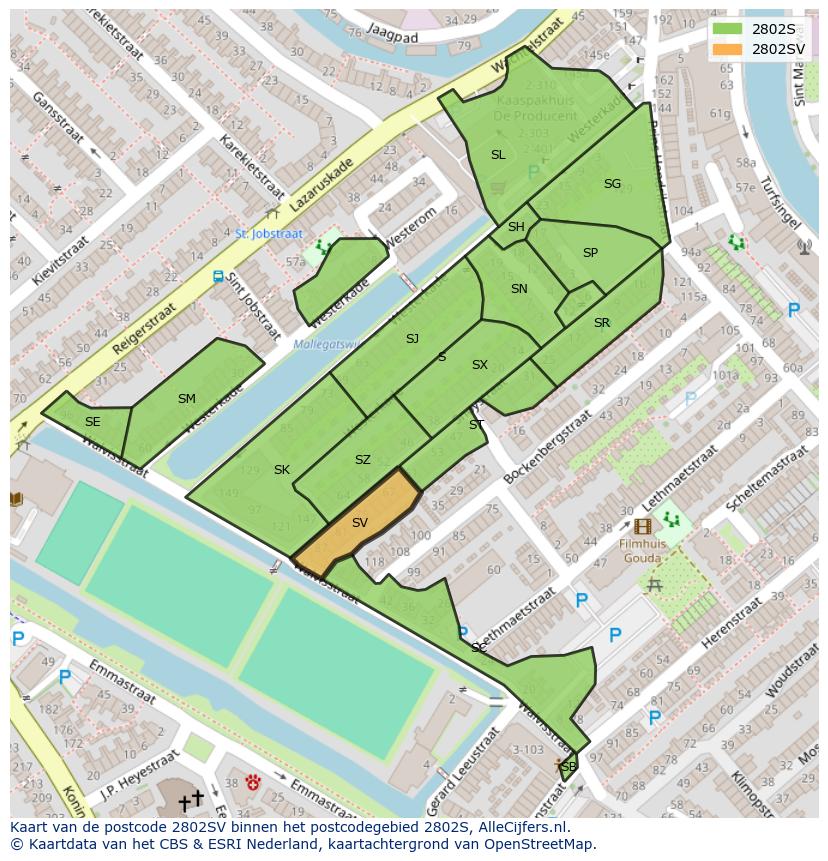 Afbeelding van het postcodegebied 2802 SV op de kaart.